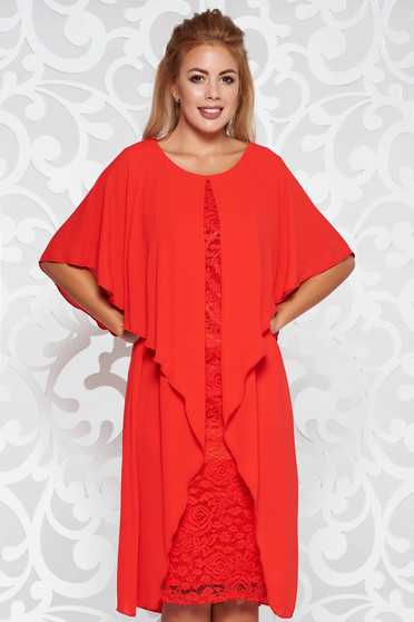 Red occasional midi dress from laced fabric with inside lining voile overlay