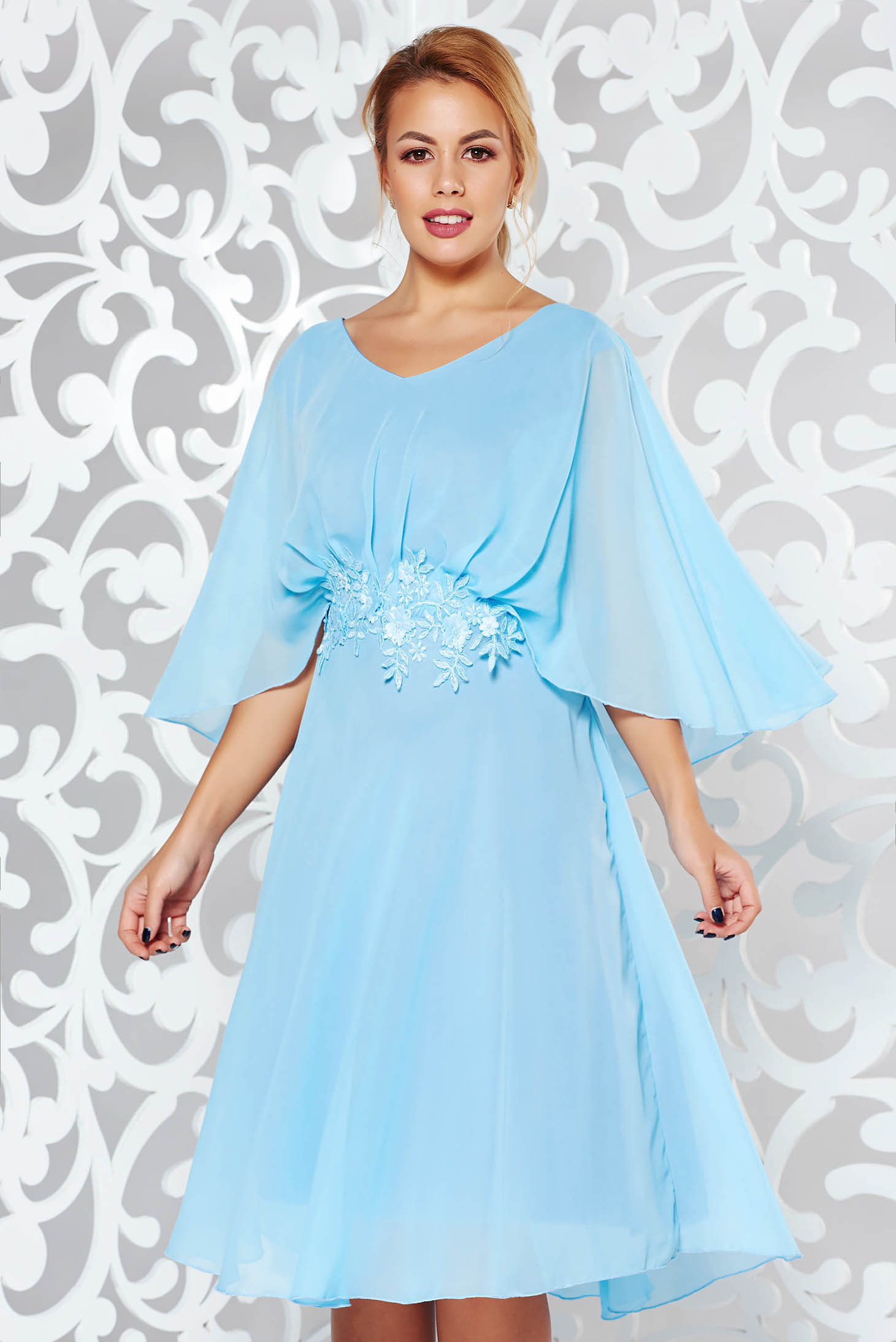 Lightblue occasional flared dress voile fabric with elastic waist