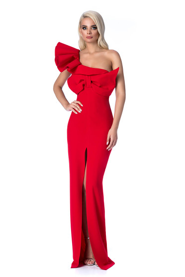 Ana Radu red occasional long mermaid dress with tented cut with ruffle details bow accessory