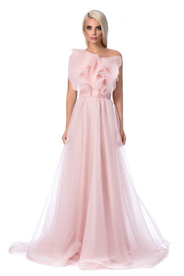 Ana Radu rosa occasional flaring cut dress with ruffles on the chest accessorized with tied waistband