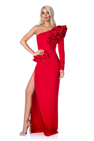 Ana Radu red occasional dress with tented cut with ruffle details from elastic and fine fabric