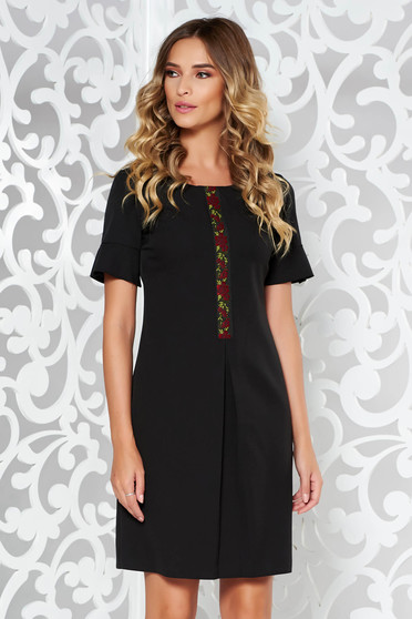 Black elegant a-line dress from elastic and fine fabric front embroidery