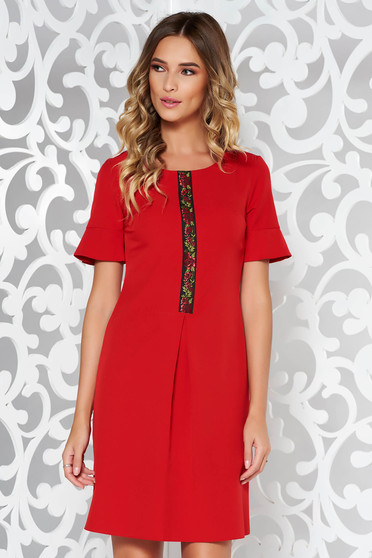 Red elegant a-line dress from elastic and fine fabric front embroidery