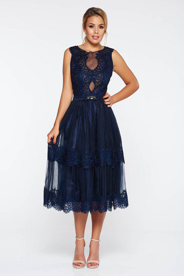 LaDonna darkblue occasional flaring cut dress with lace details with v-neckline