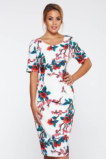 White elegant pencil dress with floral prints slightly elastic fabric