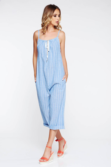 SunShine blue jumpsuit casual flared with pockets with laced details