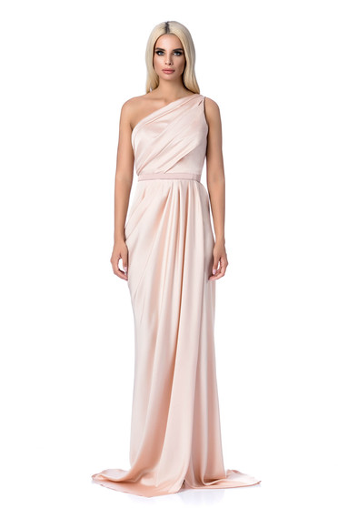 Ana Radu peach occasional mermaid dress from satin fabric texture accessorized with tied waistband