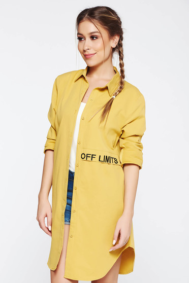 SunShine mustard women`s shirt casual flared embroidered asymmetrical long sleeved