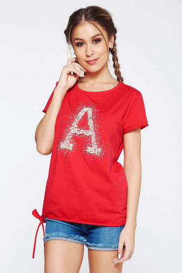 SunShine red t-shirt casual elastic cotton with easy cut with pearls with crystal embellished details