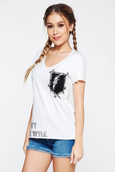 SunShine white t-shirt casual cotton flared with print details with sequin embellished details