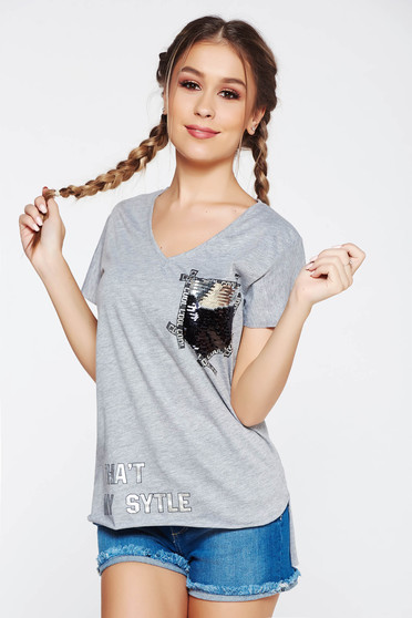 SunShine grey t-shirt casual cotton flared with print details with sequin embellished details