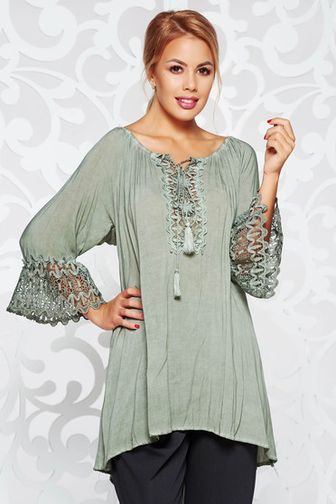 SunShine khaki women`s blouse casual with easy cut airy fabric bell sleeves with laced sleeves