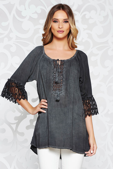 SunShine darkgrey women`s blouse casual with easy cut airy fabric bell sleeves with laced sleeves