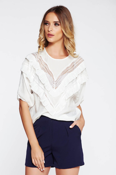 SunShine white women`s blouse casual flared airy fabric with ruffles on the chest large sleeves