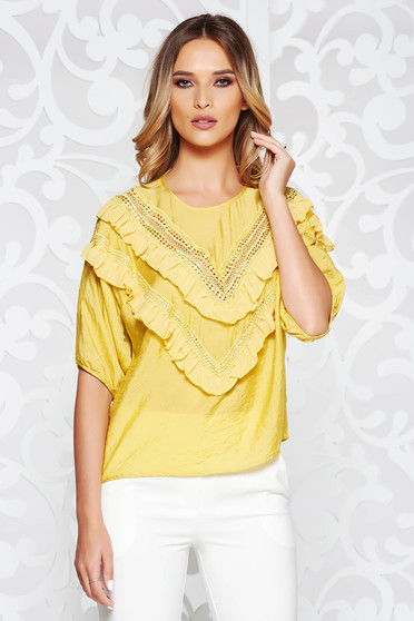 SunShine yellow women`s blouse casual flared airy fabric with ruffles on the chest large sleeves