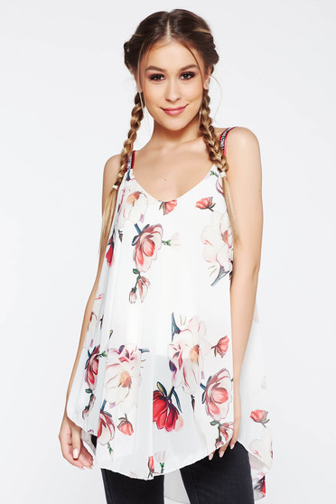 SunShine white top shirt casual flared from veil with inside lining with floral prints