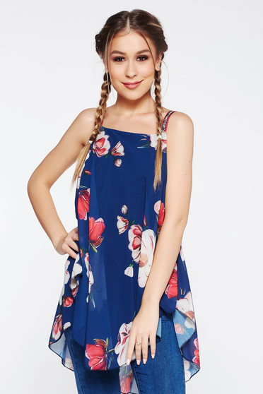 SunShine darkblue top shirt casual flared from veil with inside lining with floral prints