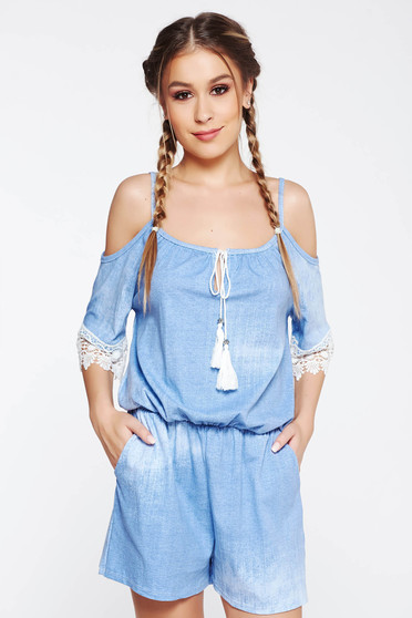SunShine blue jumpsuit casual flared with elastic waist both shoulders cut out with lace details