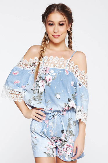 SunShine lightblue jumpsuit casual both shoulders cut out with lace details short cut