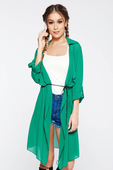 SunShine green cardigan casual from veil fabric long sleeved is fastened around the waist with a ribbon