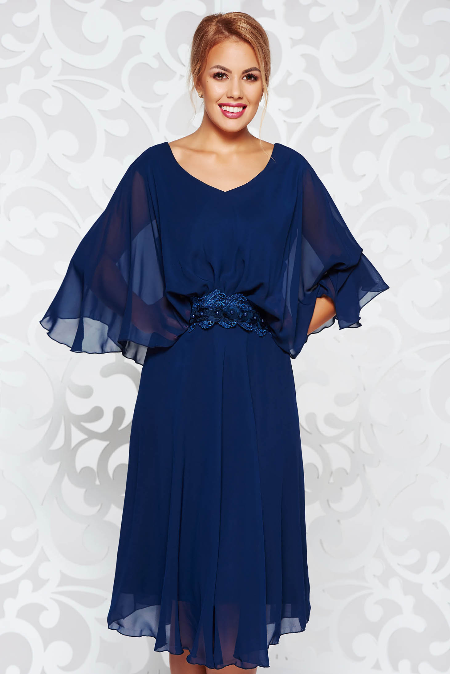 Darkblue occasional flared dress voile fabric with inside lining with