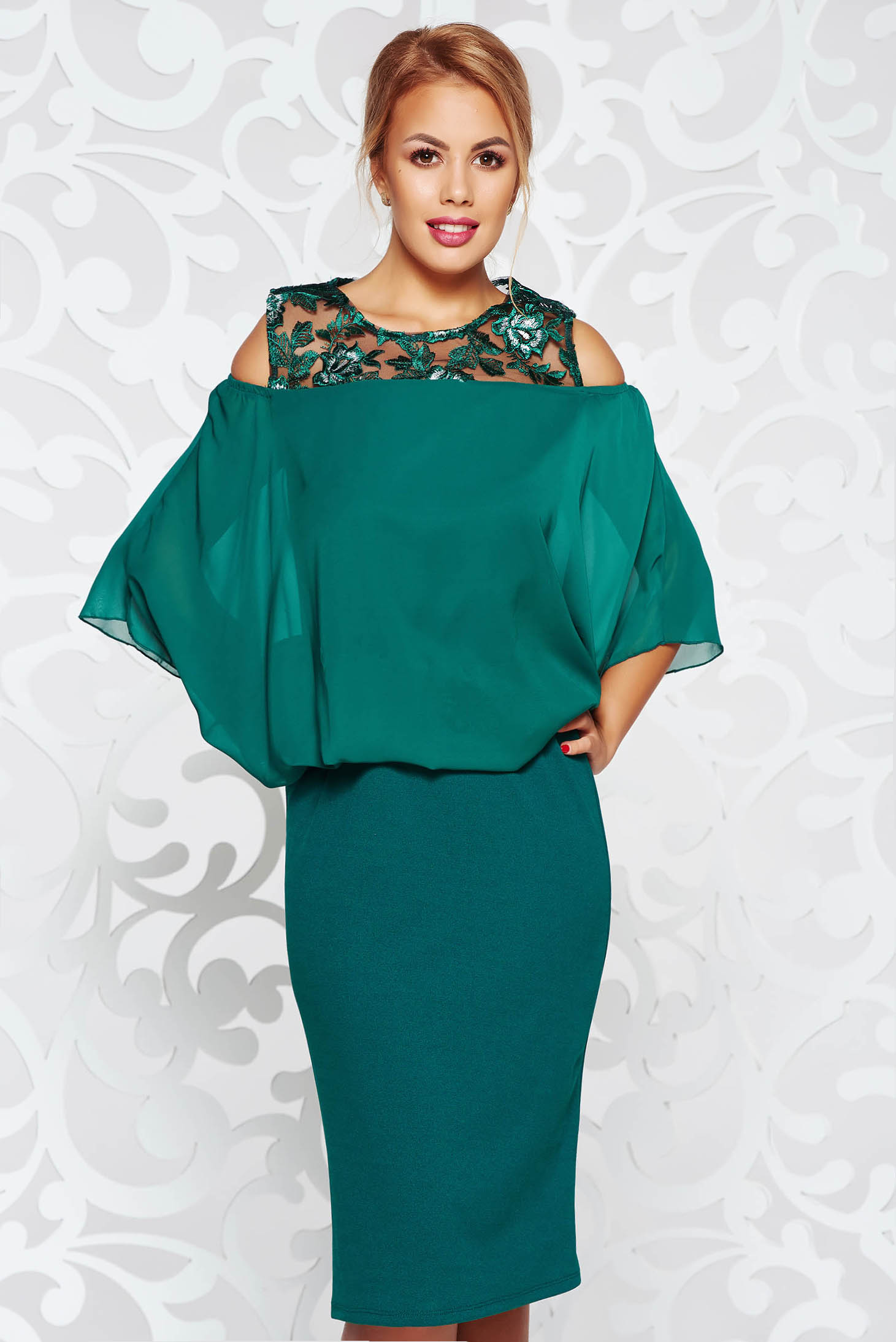 Rochie verde-inchis de ocazie tip creion din material elastic si voal ...
