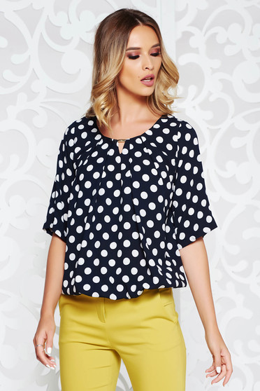 Darkblue women`s blouse office flared airy fabric with elastic waist with dots print