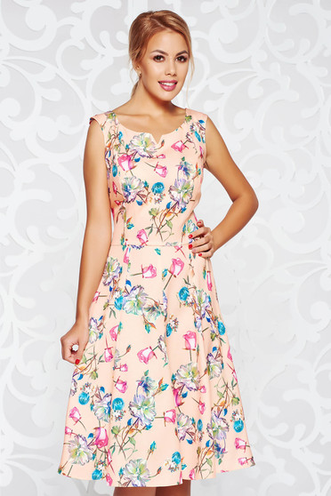 Peach dress daily cloche slightly elastic fabric midi sleeveless with floral prints