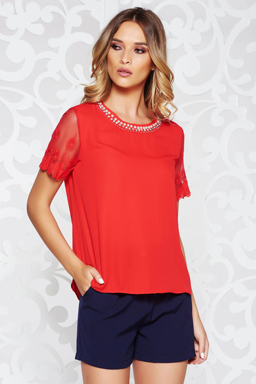 StarShinerS red women`s blouse elegant from veil fabric flared with laced sleeves handmade applications