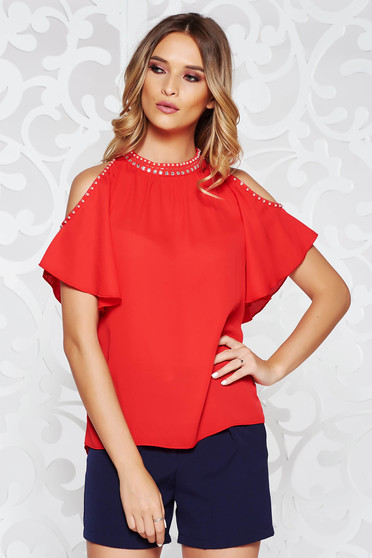 StarShinerS red women`s blouse elegant flared from veil fabric both shoulders cut out handmade applications