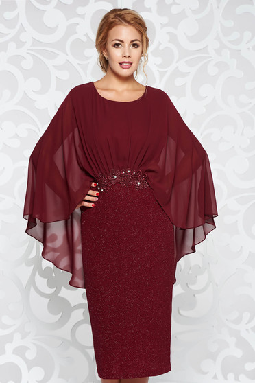 Burgundy dress elegant pencil from elastic fabric with inside lining with lace details with small beads embellished details