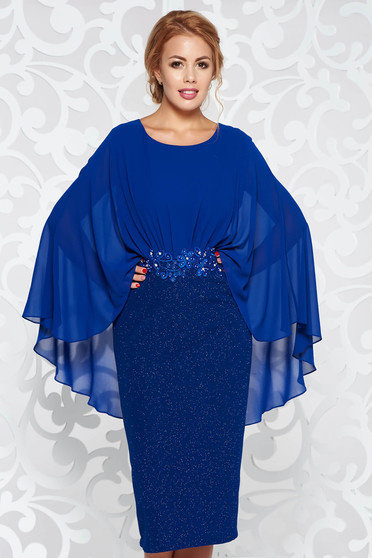 Blue dress elegant pencil from elastic fabric with inside lining with lace details with small beads embellished details