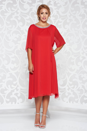 Red occasional flared dress airy fabric with inside lining with bright details
