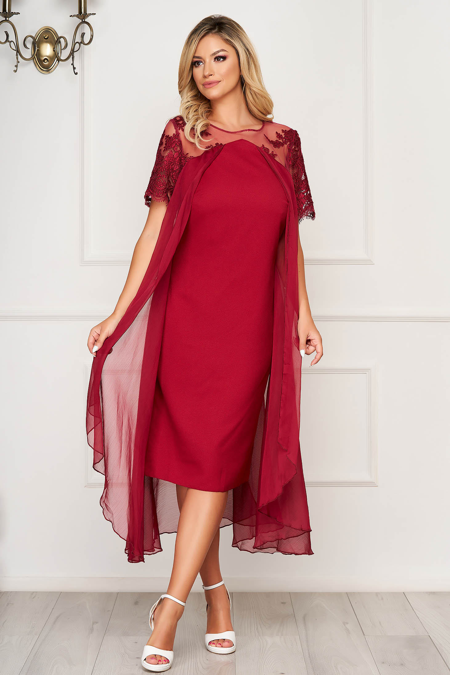 Burgundy flared occasional dress voile fabric with inside lining from