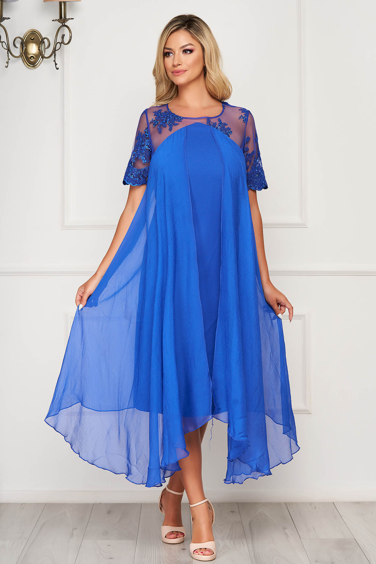 Blue flared occasional dress voile fabric with inside lining from laced