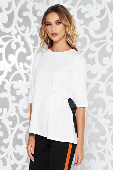 White women`s blouse casual flared slightly elastic fabric is fastened around the waist with a ribbon