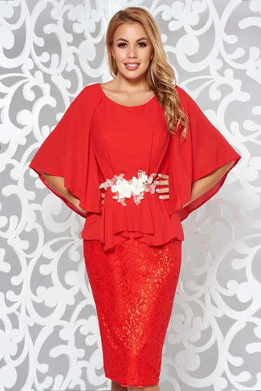 Red occasional laced dress with inside lining from veil fabric with embroidery details