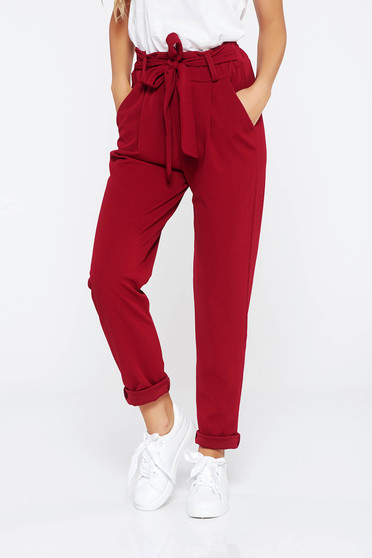 SunShine burgundy trousers casual slightly elastic fabric high waisted with pockets