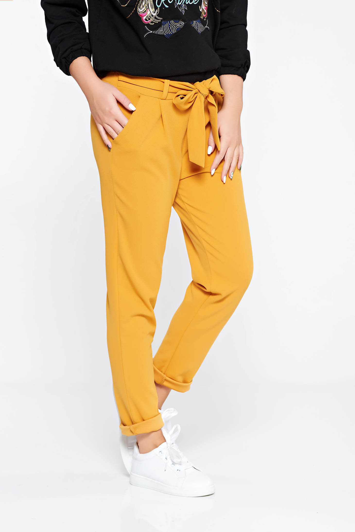 Pantaloni SunShine mustarii casual cu talie inalta din material usor elastic cu buzunare