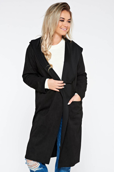 Black casual flared long trenchcoat from velvet fabric