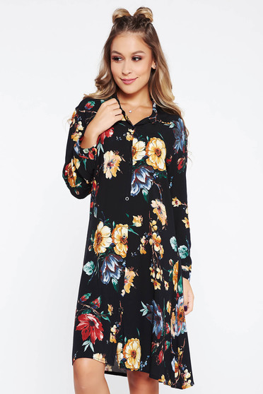 SunShine black dress casual flared airy fabric with floral prints