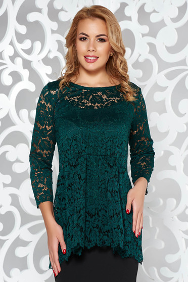 Darkgreen flared women`s blouse from laced fabric 3/4 sleeve