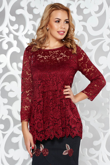 Burgundy flared women`s blouse from laced fabric 3/4 sleeve