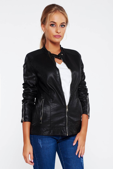 SunShine black jacket casual from ecological leather with inside lining with pockets