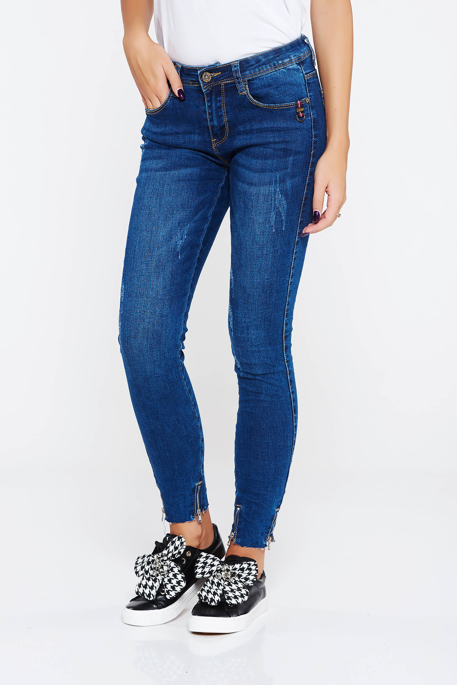 Blugi SunShine albastri casual skinny cu talie medie din bumbac cu buzunare