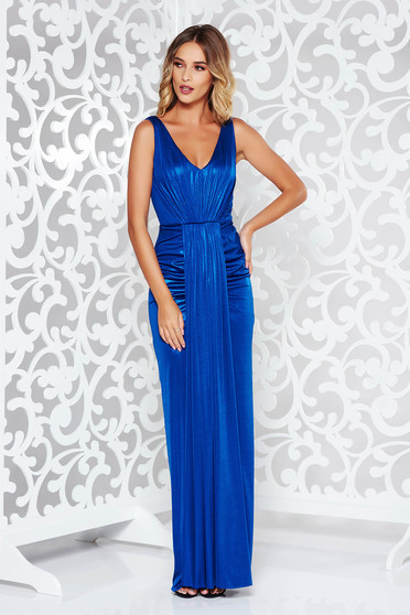 Blue occasional long mermaid dress from shiny fabric with deep cleavage