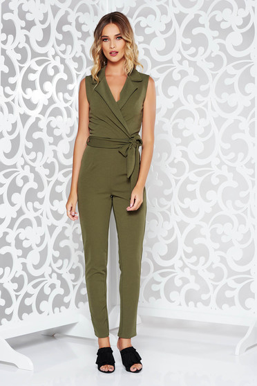 Khaki casual jumpsuit from soft fabric with v-neckline accessorized with tied waistband with tented cut