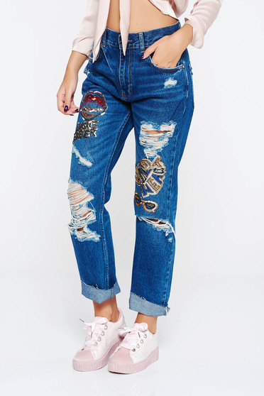 Blue jeans casual boyfriend jeans nonelastic cotton with pockets with ruptures with medium waist