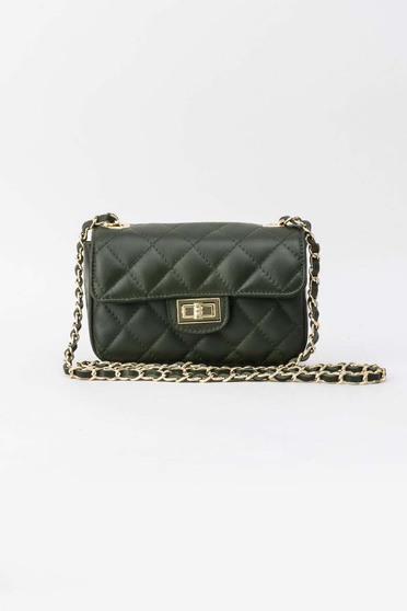 Darkgreen casual bag natural leather long chain handle