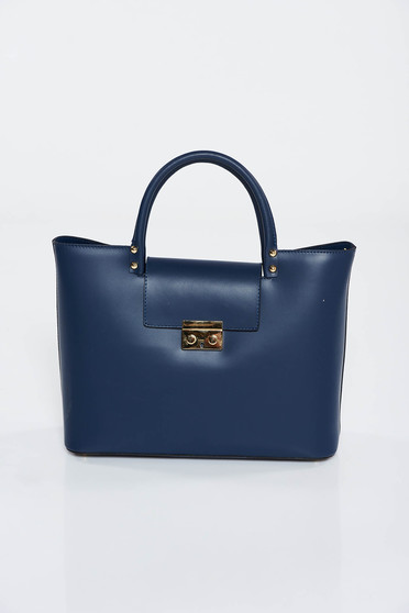 Darkblue bag office natural leather with metalic accessory